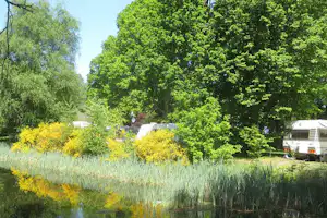 Wohnwagen auf dem Campingplatz im Grünen, umgeben von Bäumen und hohem Gras am kleinen Teich.