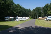 Friesland Camping - Strasse auf dem Campingplatz mit Stellplätzen an den Seiten