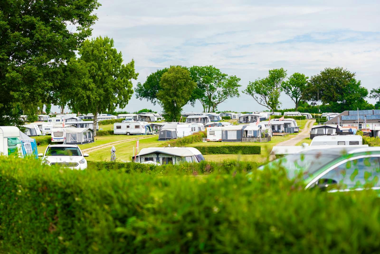 Campingplatz mit Wohnwagen und Mobilheimen auf grünen Stellplätzen, umgeben von Bäumen und Rasen, im Hintergrund weitere Fahrzeuge.