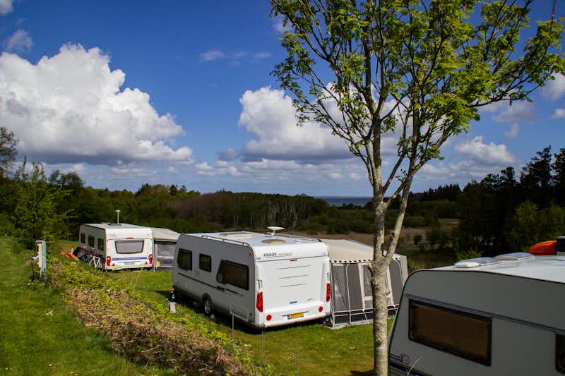Fur Camping  -  Wohnwagen und Wohnmobil auf dem Stellplatz vom Campingplatz im Grünen