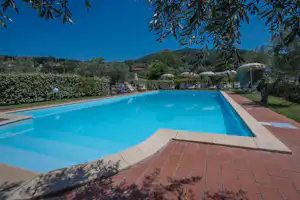 Glamping Tuscany - Podere Cortesi - Pool im Freien mit Liegestühlen und Sonnenschirmen