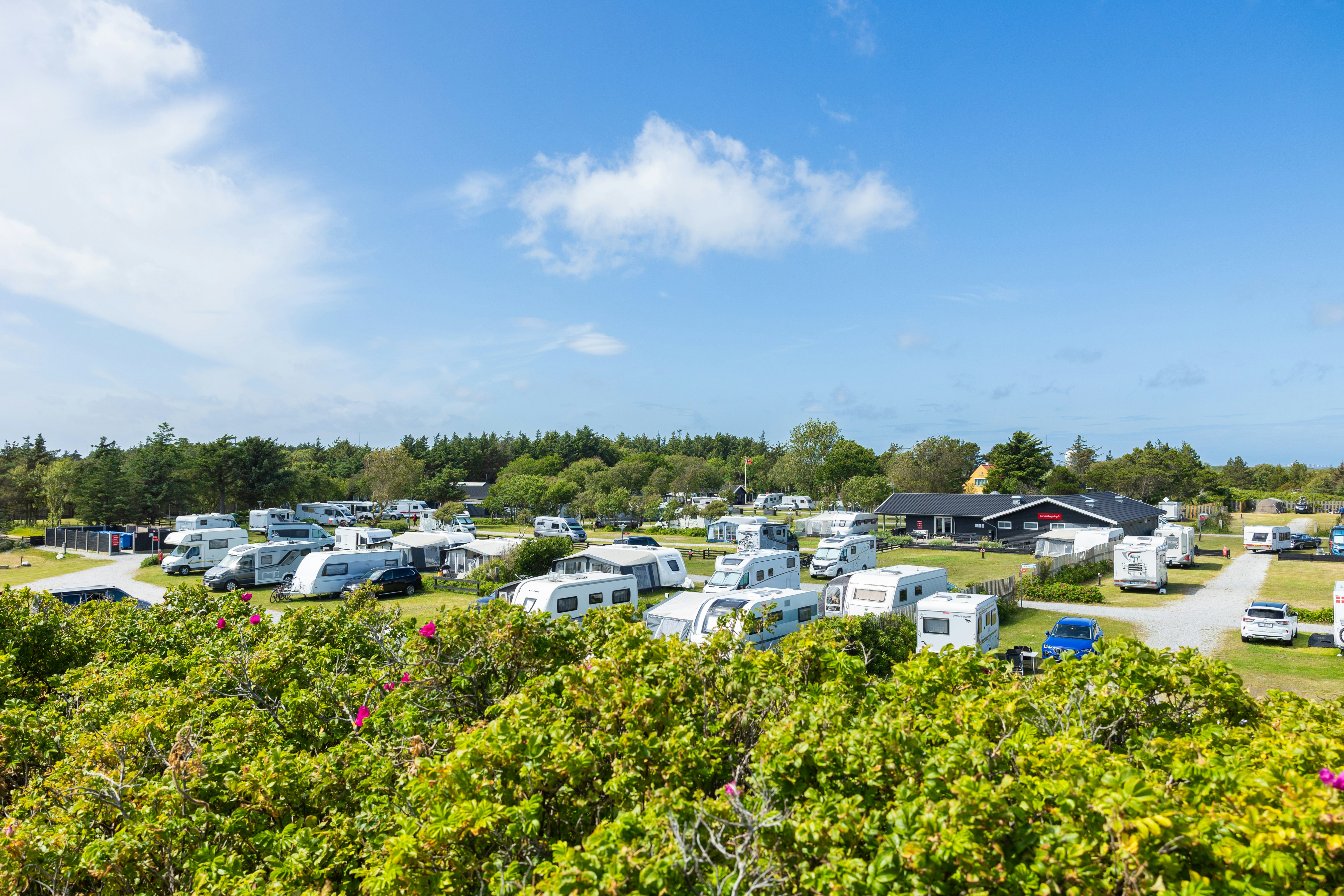 Campingplatz mit Wohnmobilen und Wohnwagen auf Stellplätzen, umgeben von Büschen und Bäumen, mit Blick auf Wege und Gebäude.