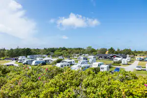Campingplatz mit Wohnmobilen und Wohnwagen auf Stellplätzen, umgeben von Büschen und Bäumen, mit Blick auf Wege und Gebäude.
