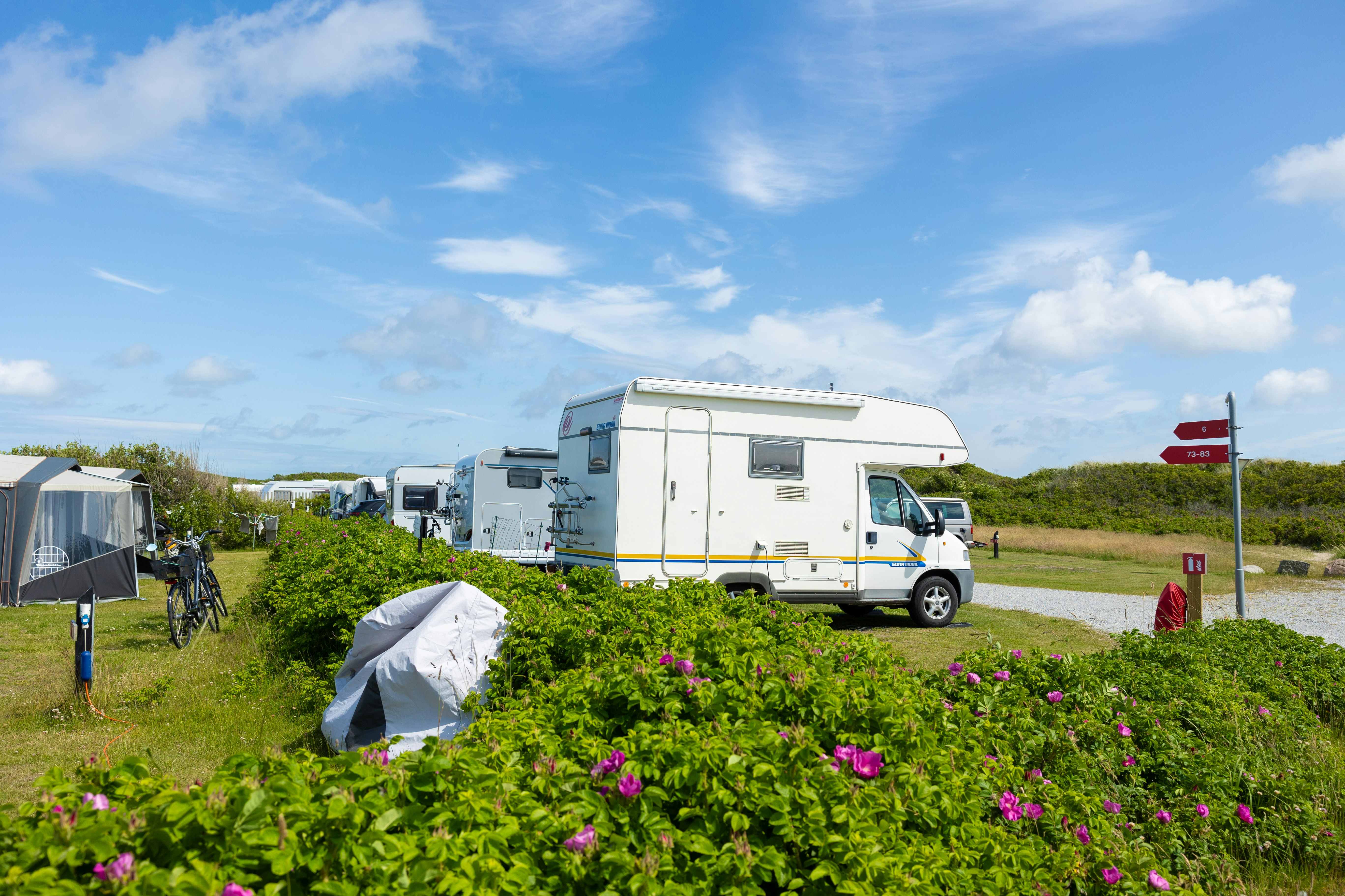 Wohnmobil auf einem Campingplatz, davor Hecken und Blumenbeete, im Hintergrund weitere Wohnwagen und ein Zelt bei blauem Himmel.