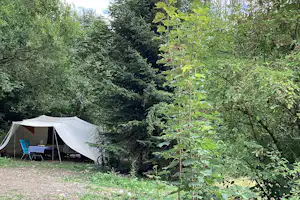 Campingzelt auf einem Kiesplatz am Waldrand, umgeben von Bäumen und Sträuchern.