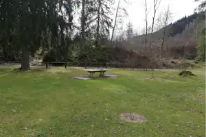 Grüner Campingplatz mit Picknicktisch auf dem Rasen, umgeben von Bäumen und einem Weg am Hang.