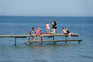 Menschen auf einem Holzsteg am Meer, mit Hund und Absperrgeländer, im Hintergrund Windräder und Segelboot.