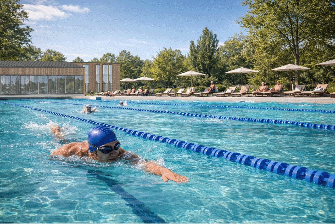 Schwimmer im blauen Badeanzug im Schwimmbecken mit Bahnen, im Hintergrund Liegen und Sonnenschirme am Campingplatz.