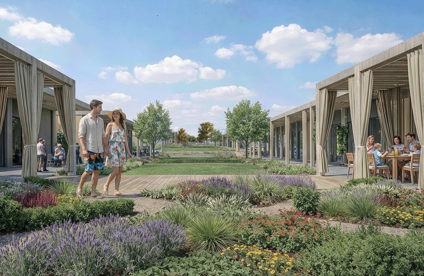 Reihen von modernen Ferienhäusern mit offenen Veranden, Gartenbeeten und Wegen, mehrere Personen sitzen und stehen im Außenbereich.