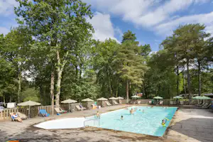 Camping-Pool mit Holzterrasse, Liegen und Sonnenschirmen, umgeben von hohen Bäumen im grünen Wald.