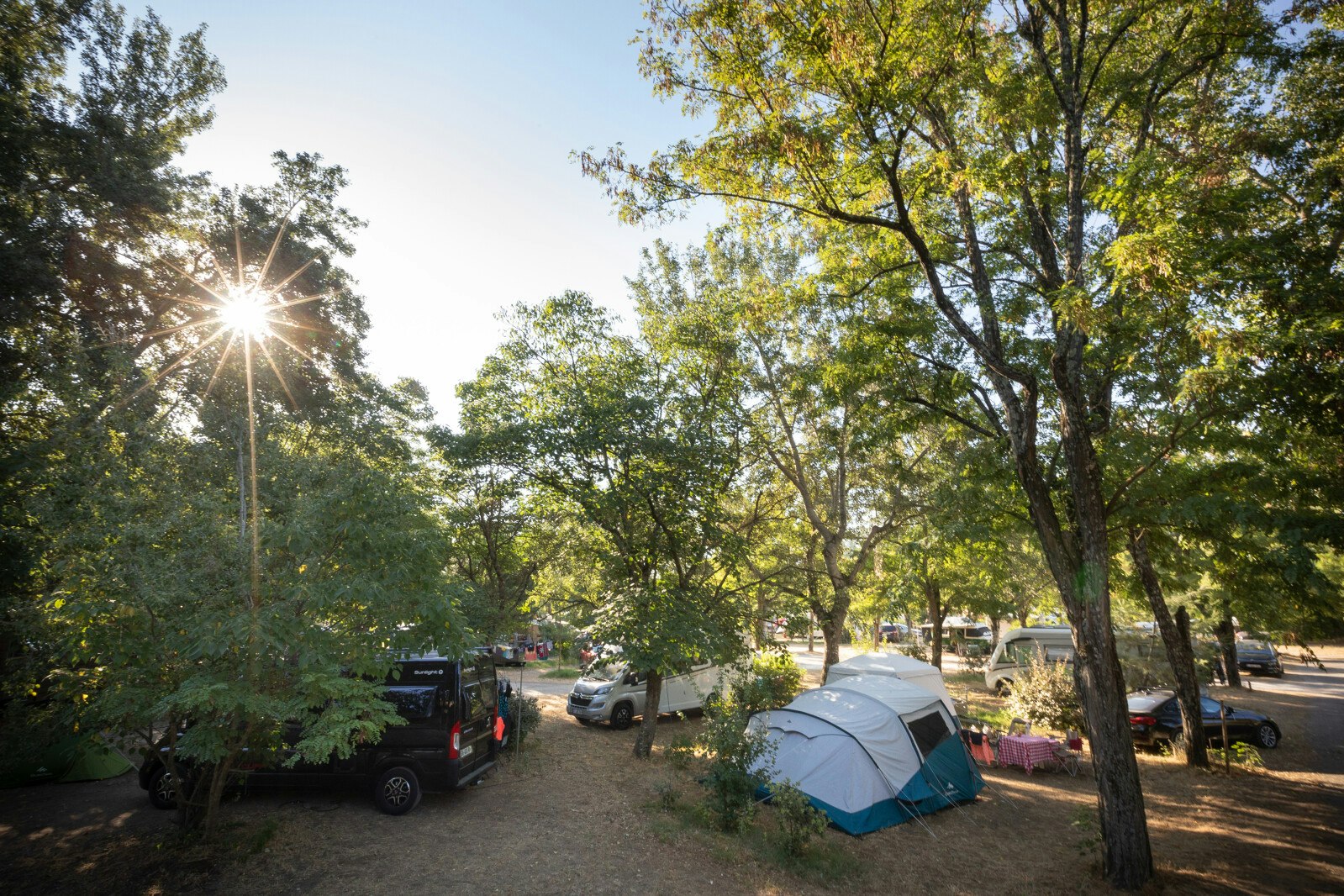 Huttopia Camping Le Moulin - Standplätze zwischen den Bäumen auf dem Campingplatz