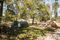 Huttopia Landes Sud - Zeltplatz vom Campingplatz auf dem Rasen im Schatten der Bäume