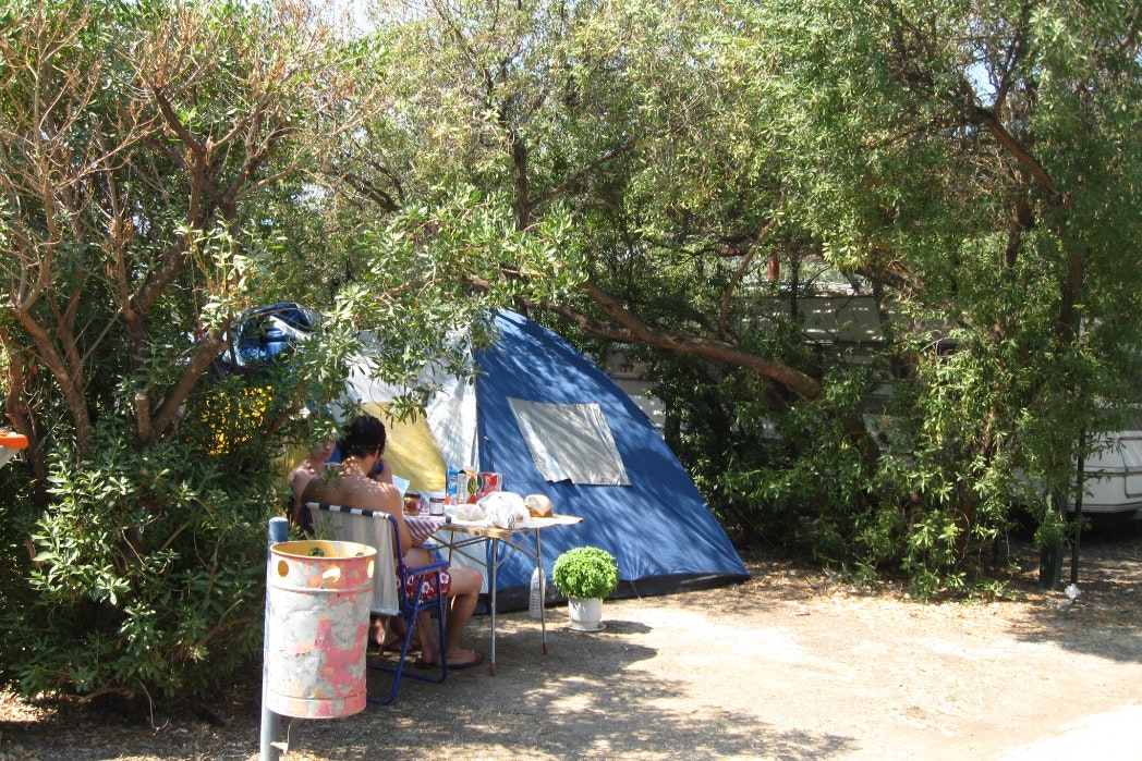 Hydra's Wave Camping - Zelt mit davor sitzenden Campern zwischen Bäumen