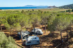 International Camping Talamone - Wohnwagen- und Zeltstellplatz zwischen Bäumen auf dem Campingplatz