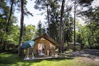 Camping Huttopia De Veluwe - Safarizelt-Mietunterkunft mit Terrasse und Sitzmöglichkeiten im Halbschatten unter Bäumen