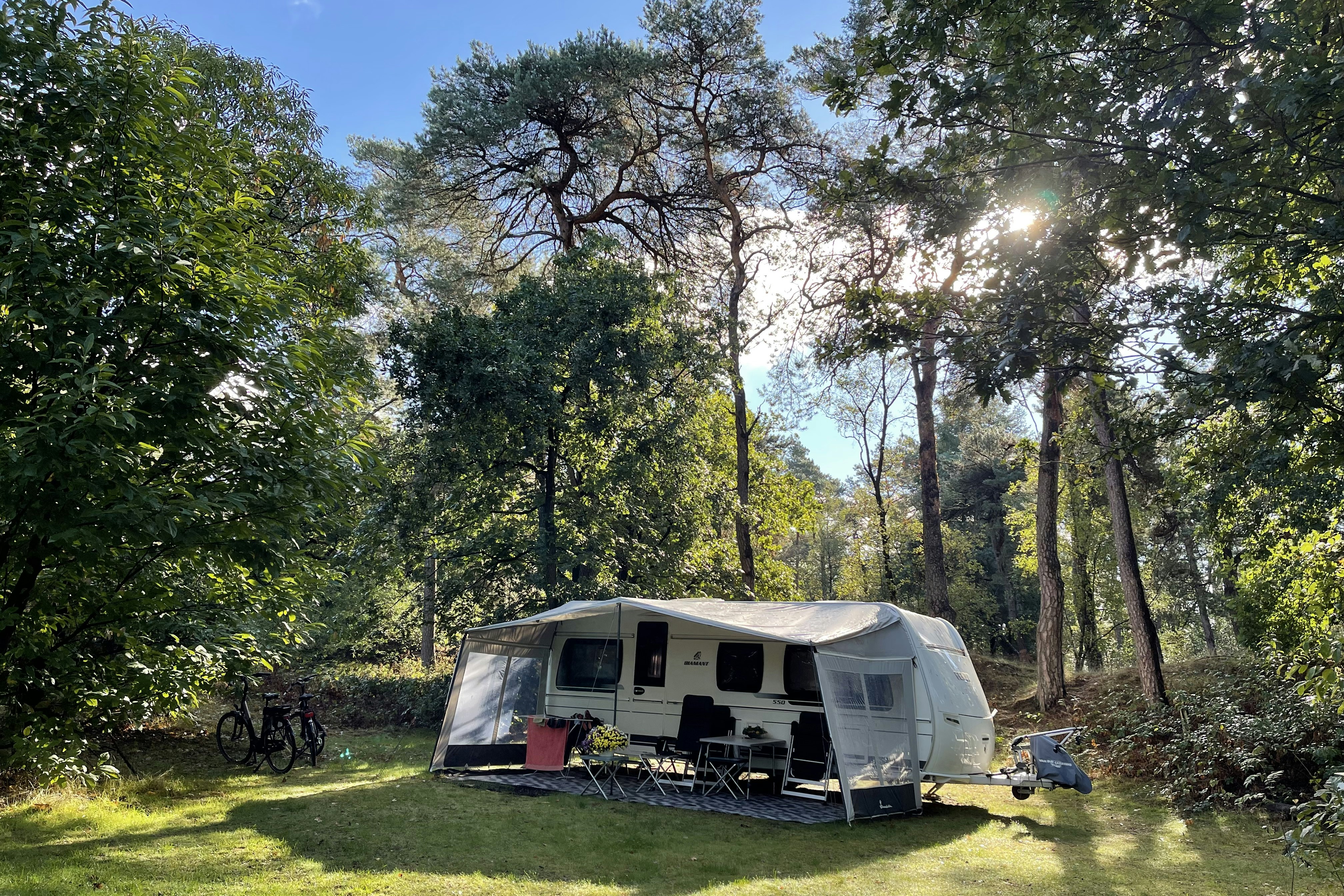 Camping Huttopia De Veluwe - Standplatz mit einem Wohnwagen auf einer Lichtung zwischen Bäumen