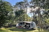 Camping Huttopia De Veluwe - Standplatz mit einem Wohnwagen auf einer Lichtung zwischen Bäumen