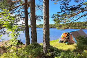 Campingzelt am Seeufer im Wald, zwischen Bäumen mit Blick auf das Wasser und grünes Gras am Stellplatz.