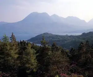 Bergpanorama mit See im Tal, im Vordergrund Nadelwald und Hügel, dahinter ein hoher Gipfel im Dunst.