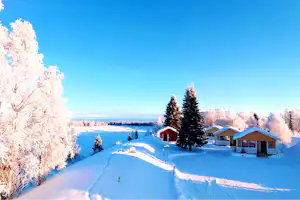 Winterliche Campinganlage mit verschneiten Wegen, mehreren Ferienhäusern und Tannen im Hintergrund vor blauem Himmel.