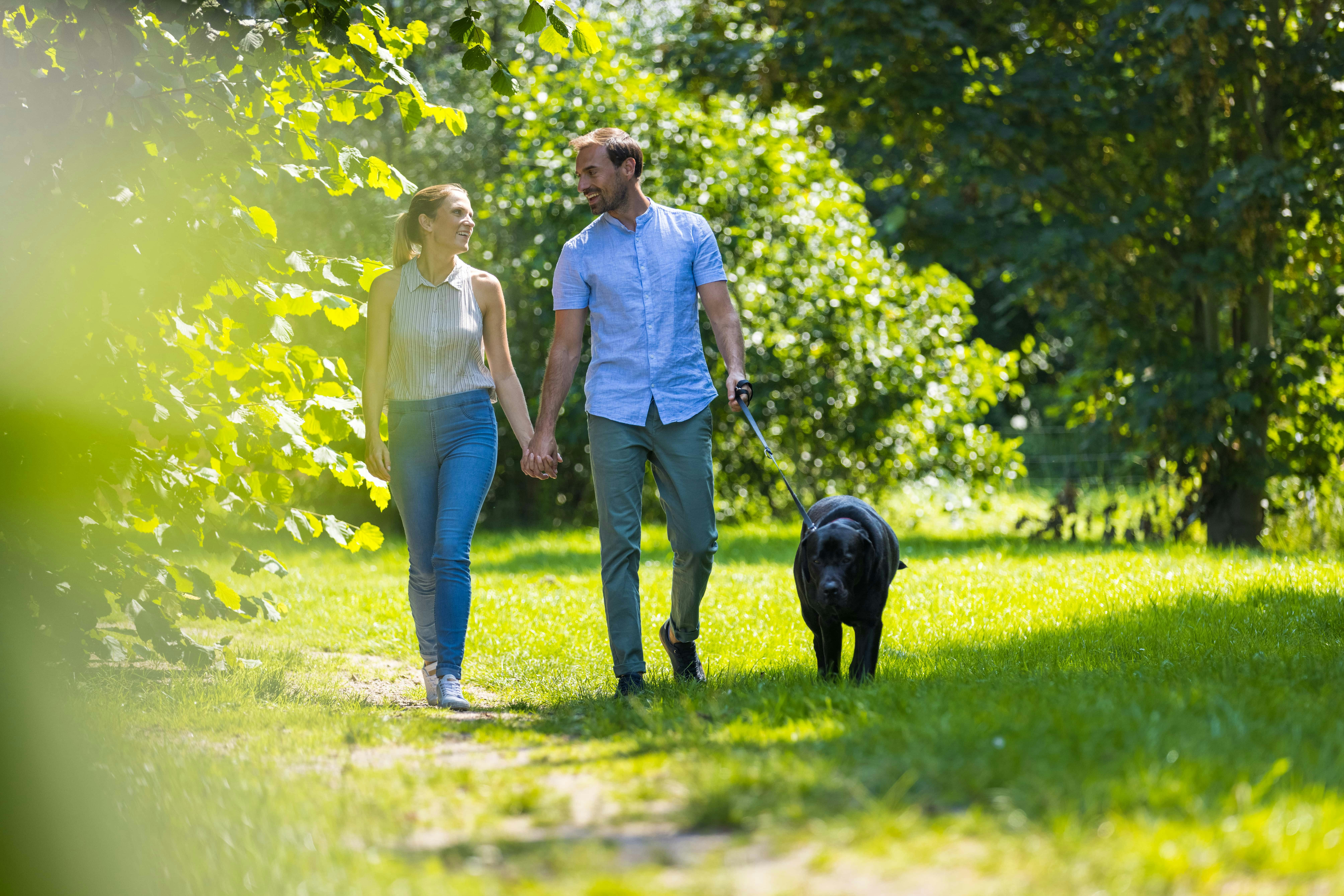 Regenbogen Fedderwardersiel - Gäste gehen mit ihrem Hund auf dem Campingplatz spazieren