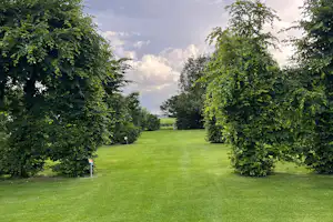 Grüner Rasenweg zwischen Bäumen auf einem Campingplatz, Blick in die Landschaft und zum Himmel mit Wolken.