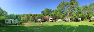Campingwiese mit Wohnmobilen und Wohnwagen, Bäumen und Hecken im Hintergrund, grüner Rasen und freier Blick ins Tal.
