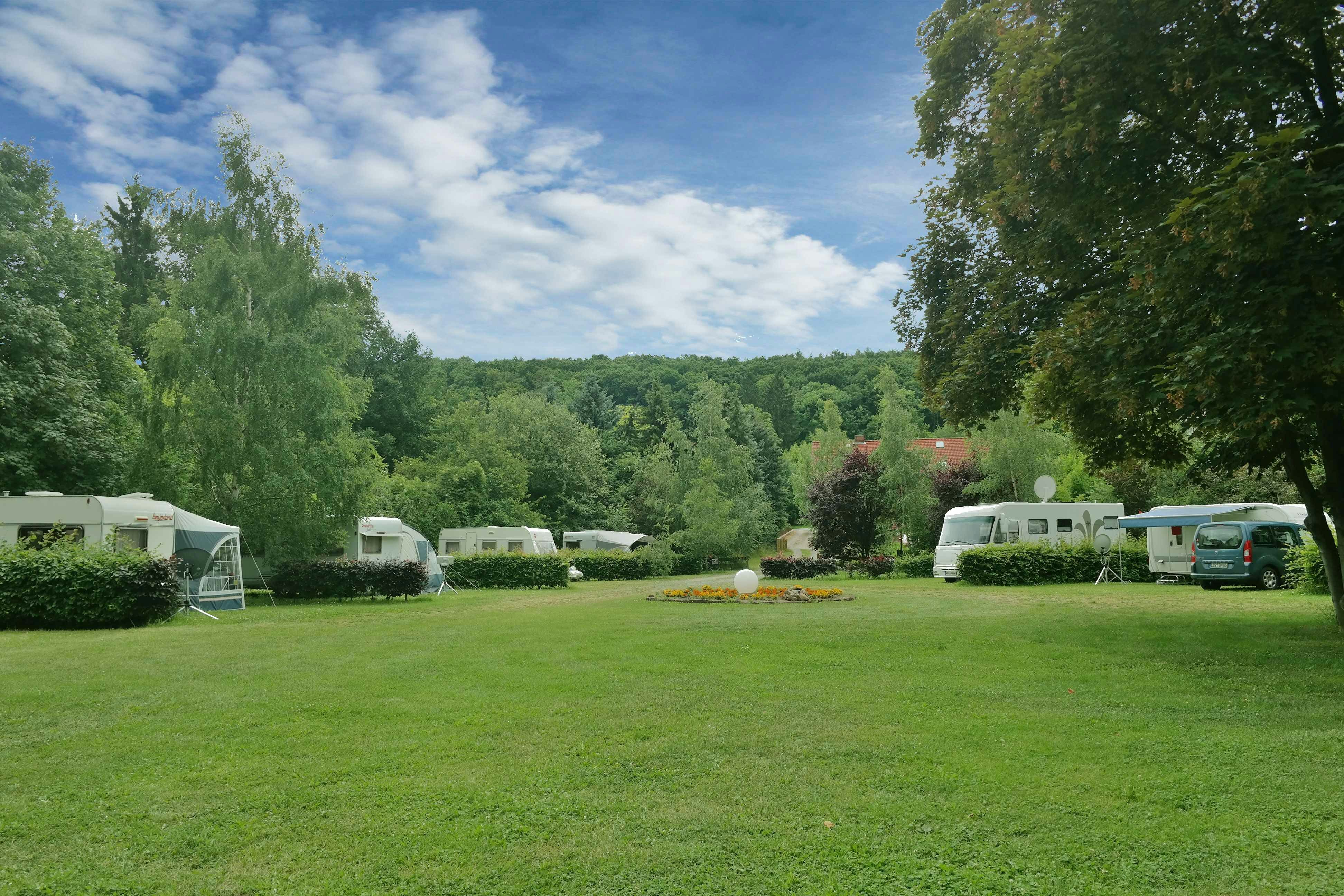 Grüne Campingwiese mit mehreren Wohnwagen, einem Wohnmobil und Bäumen am Rand, im Hintergrund dichter Wald.