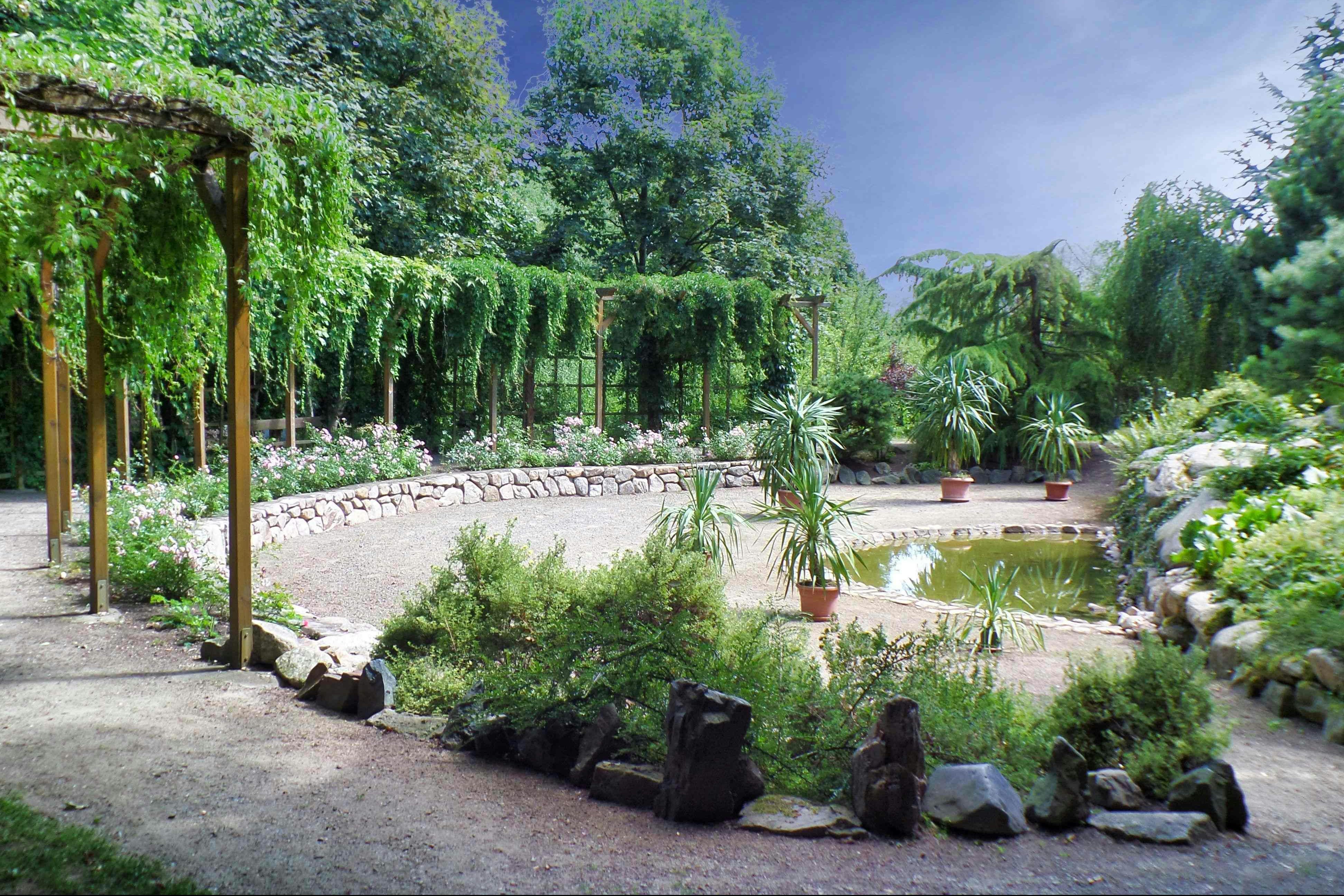 Campinggarten mit Kiesweg, Beeten und Terrassenstufen, umgeben von Bäumen und Sträuchern.