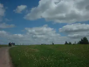 Wanderweg durch eine grüne Wiese mit Personen am Rand, im Hintergrund Zaun und bewölkter Himmel.