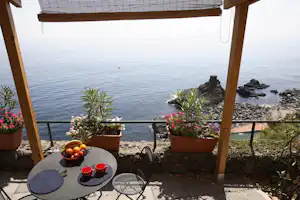 La Timpa International Camping - Blick von der Veranda am Mobilheim auf das Mittelmeer