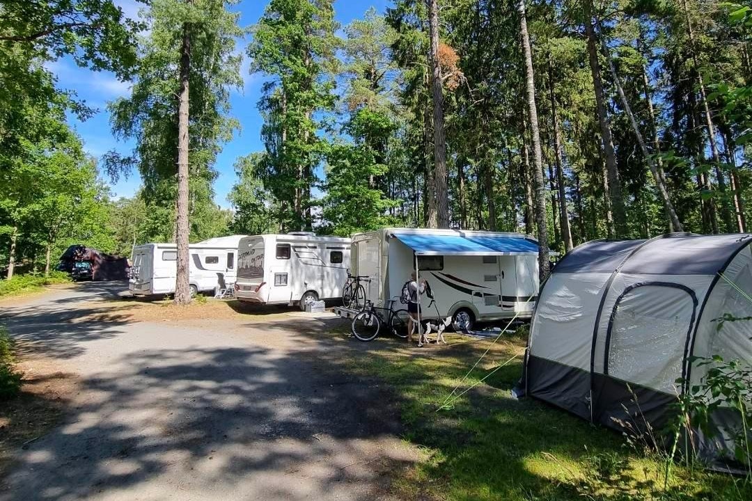 Läckö Strand - Blick auf die Stellplätze umgeben von Bäumen