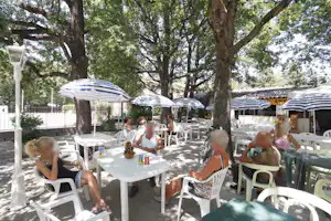 Camping du Lac - Restaurant vom Campingplatz mit Terrasse zwischen Bäumen