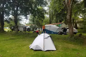 Campingzelt auf einer Wiese im Grünen, im Hintergrund Wohnwagen und Autos zwischen Bäumen.