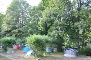Zelte auf einem Campingplatz im Grünen, umgeben von Bäumen und Sträuchern, mit Kiesweg zwischen den Stellplätzen.