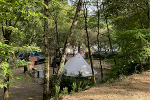 Les Bords de Cèze - Zeltplätze zwischen den Bäumen auf dem Campingplatz