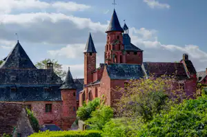 Historische Burg mit Türmen und Zinnen, umgeben von grünem Buschwerk und Bäumen vor blauem Himmel.