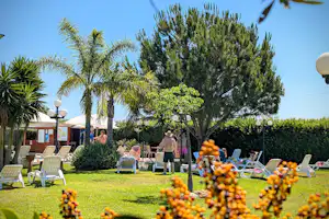 Gepflegter Campingplatz mit Rasen, Liegestühlen und Sonnenschirmen, im Hintergrund Bäume und ein Gebäude, im Vordergrund Blumen.