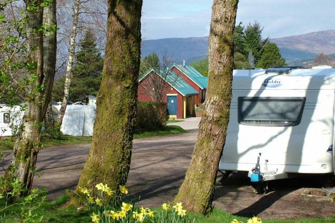 Linnhe Lochside Holidays - ohnwagenstellplätze und Sanitärgebäude zwischen den Bäumen auf dem Campingplatz