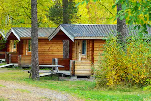 Holzhütte mit überdachter Terrasse, Bank und Stufen am Eingang, umgeben von Bäumen und grünem Laub.