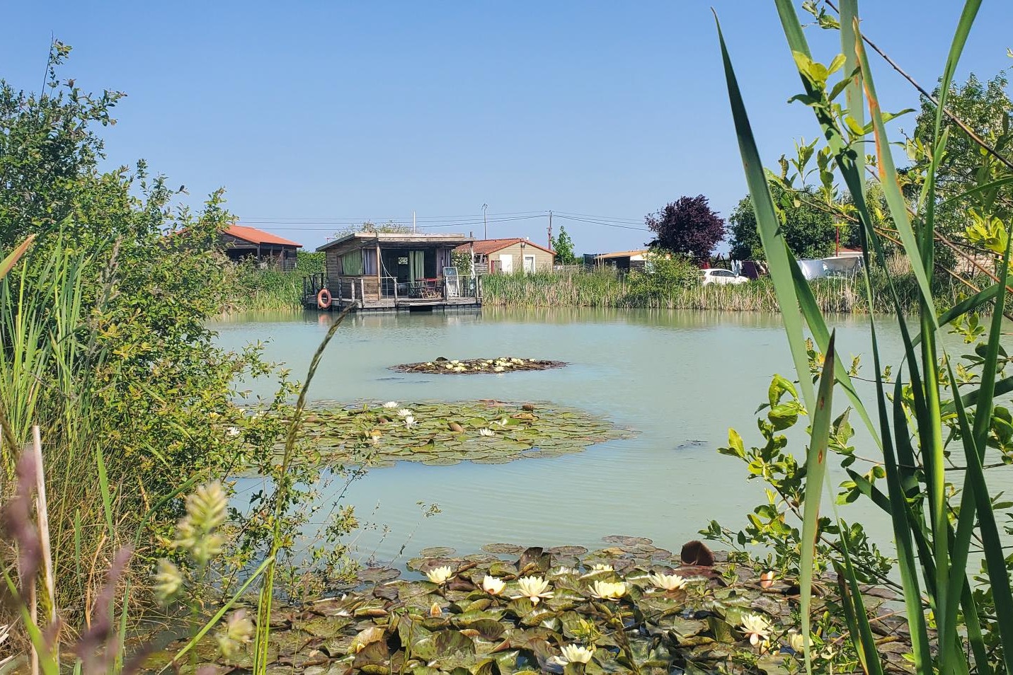 Lodges de Blois-Chambord - Blick auf ein Mobilheim am Ufer des Sees
