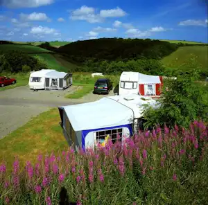Campingplatz mit Wohnwagen und Zelt, gepflasterter Stellplatz, Auto und lila Blüten vor grünen Hügeln.