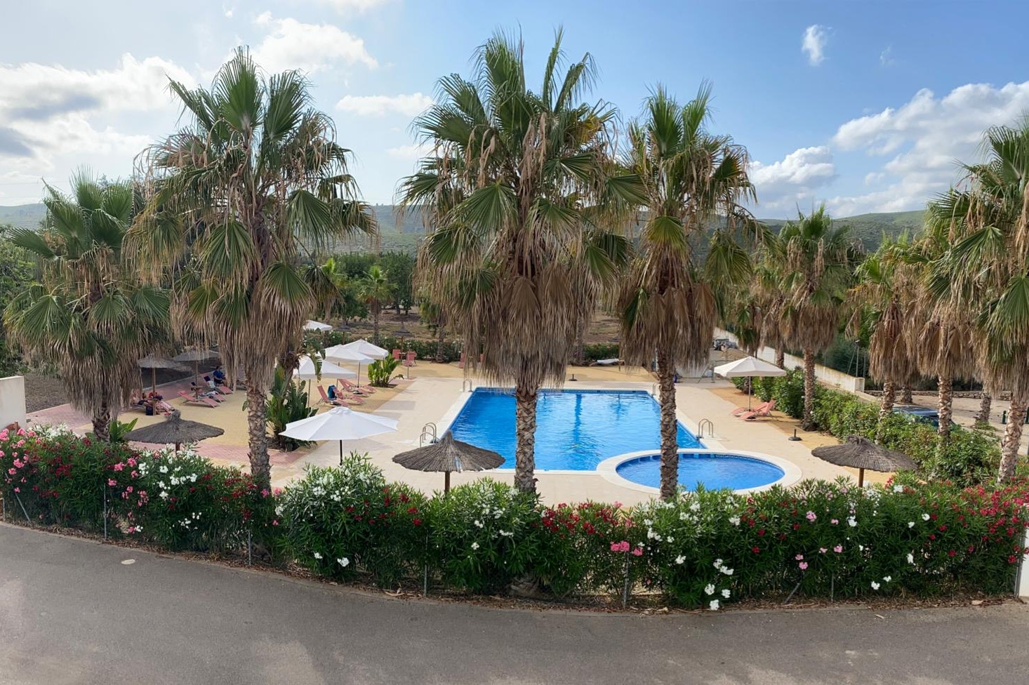 Blauer Pool mit Rundbecken, Palmen und Sonnenschirmen auf dem Campingplatz, umgeben von Blumenbeeten und Liegen.