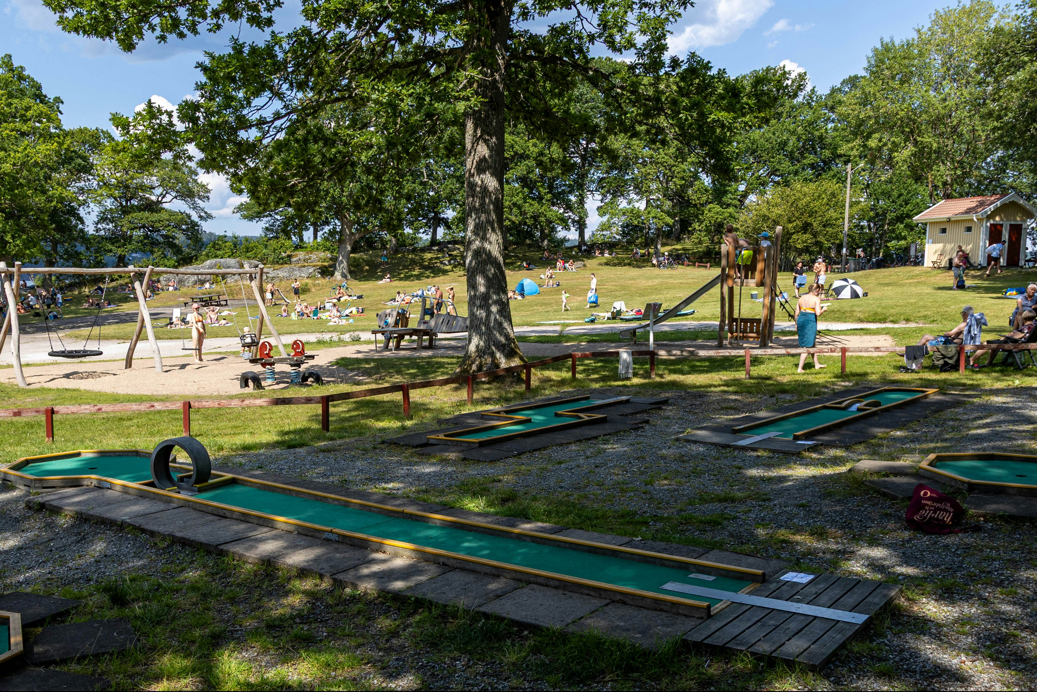 Campingplatz mit mehreren Stellplätzen und grünen Markisen, Holzwege und Bänke unter großen Bäumen.