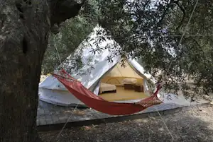 Campingzelt im Wald mit Hängematte zwischen Bäumen, Steine im Vordergrund und Holzbank am Zelteingang.