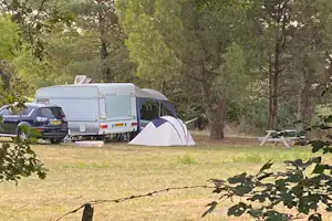 Wohnmobil und weißes Zelt auf einem Campingplatz im Grünen, mit Picknicktisch und Bäumen im Hintergrund.