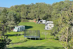 Wohnmobile auf einer grünen Campingwiese zwischen Bäumen, im Vordergrund ein Trampolin und weitere Fahrzeuge im Hintergrund.