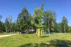 Baumreihe auf dem Campingplatz mit gelbem Spielgerüst, Picknicktischen und Autos am Rand der Wiese.