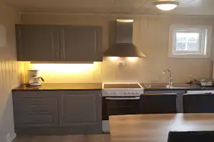 Moderne Küchenzeile im Campingbereich mit Spüle, Herd, Dunstabzugshaube, Schränken und Fenster.