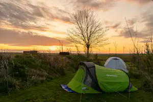 Mini camping Johanna’s Bos - Blick auf die Zeltwiese bei Sonnenuntergang